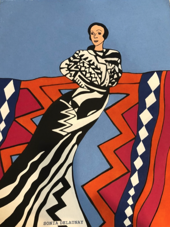 “Sonia Delaunay” (Part of the suite “Delaunay, Goncharova, Popova and Me”). Artist: Miriam Schapiro. Silkscreen, custom paper, flocking. 30x22.” 1992