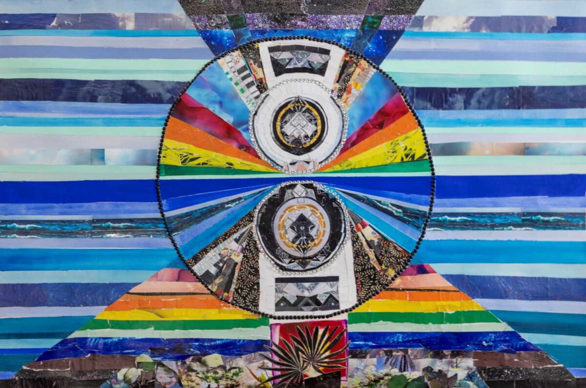 Amber Robles-Gordon, Blue as the Waters and the Sky, 2024, acrylic painting and collage on watercolor paper, 24.5"x37", Courtesy of the artist and Morton Fine Art