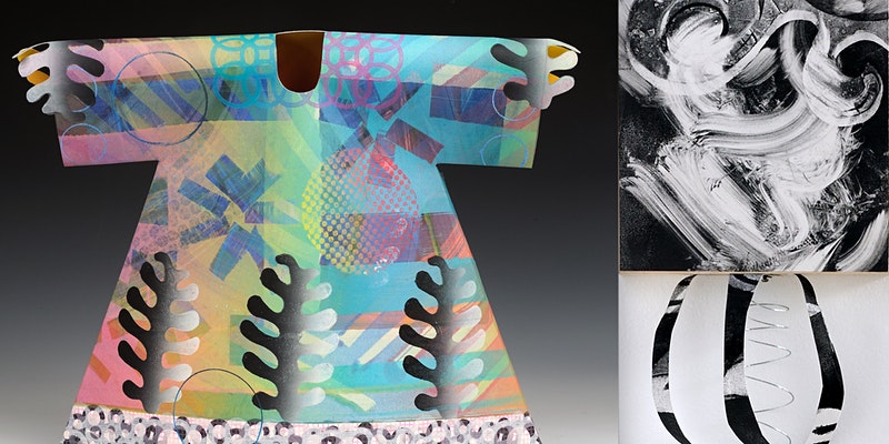 Images: (Left) Gail Shaw-Clemons, "Aya" Monotype print, 15" x 18" x 6" Photo by Greg Staley. (Right) Adjoa Burrowes, "Unravel," Monotype on birch wood, aluminum wire. 8" w x 49" h x 8"