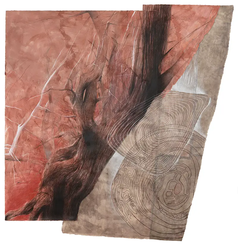 Elzbieta Sikorska, Maze, ink, pencil, crayons on Arches watercolor, and artist-made abaca paper, 2023, 51” x 49”