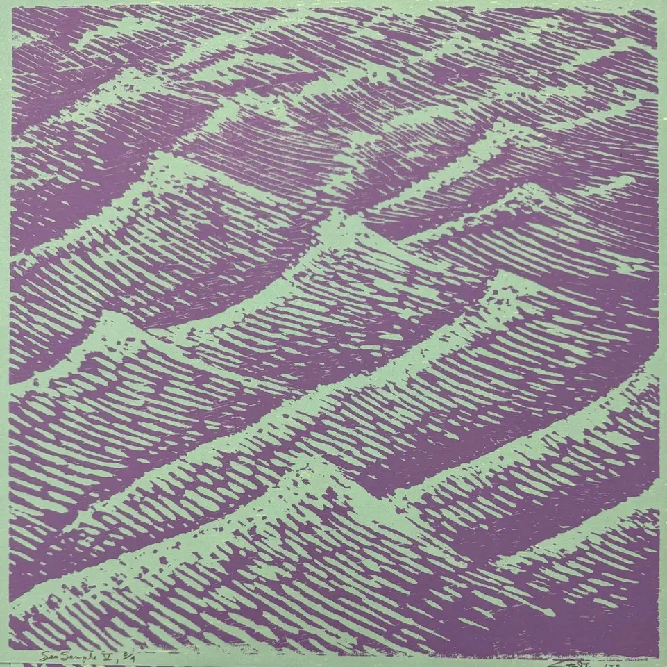 Eve Stockton, Sea Sample V. Woodcut. 12”x12” with white border.
