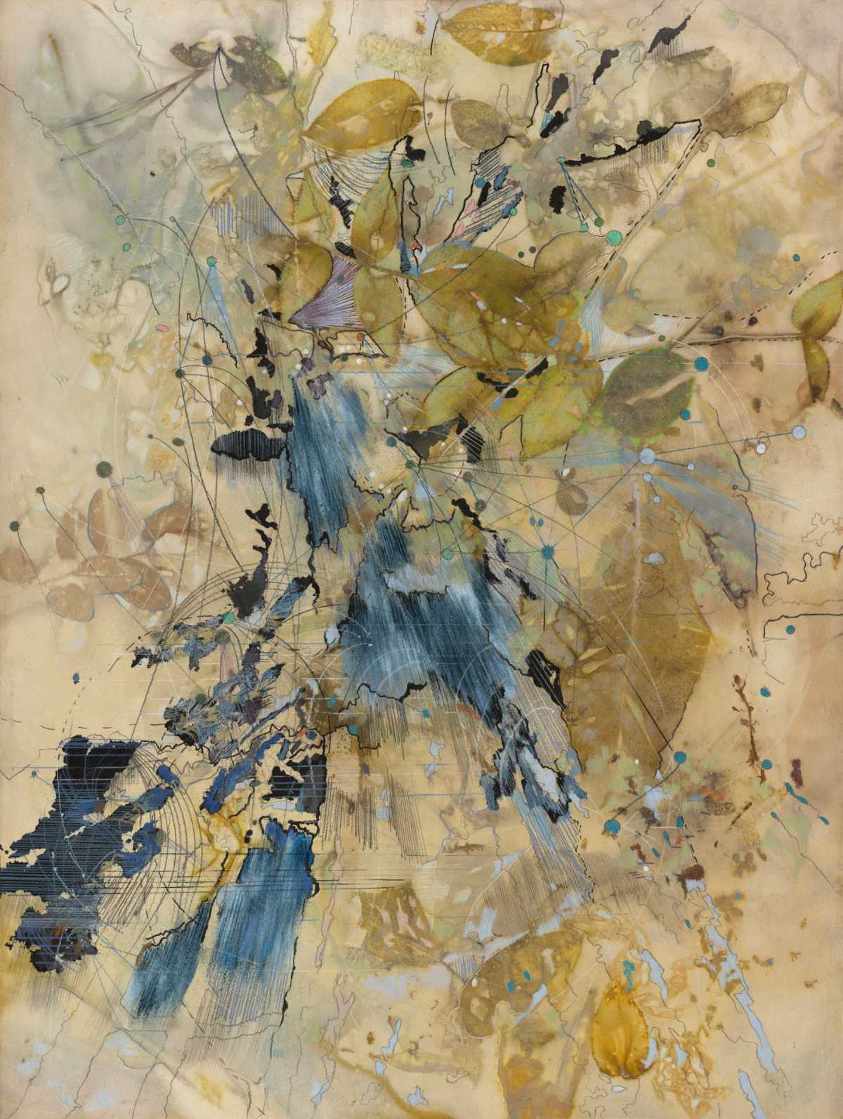 Listening to Trees 3, 2023, botanical print and mixed media on paper, 29 ⅜ x 22 inches