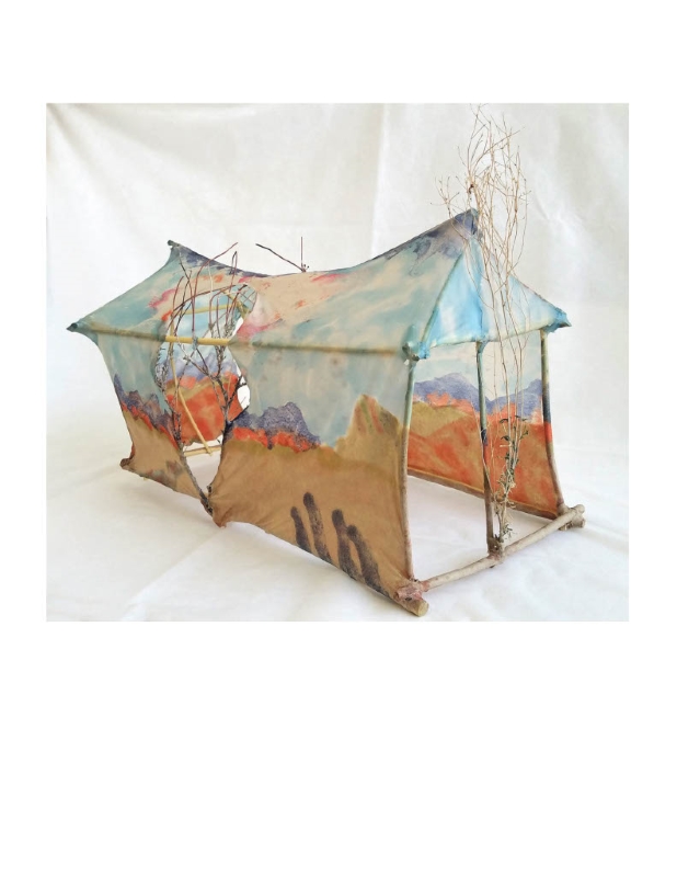Nicole Donnelly, Barn M, 2017, abaca and flax artist-made papers with pigmented abaca pulp and wood sourced from the Mojave Desert, 8 x 22 x 14 inches. Courtesy of the artist