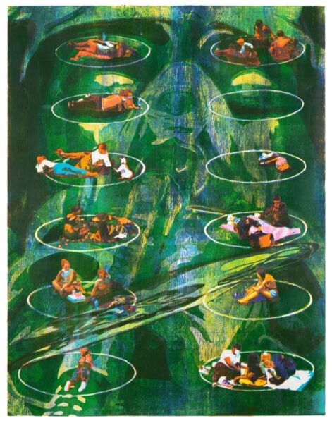 Zorawar Sidhu and Rob Swainston. July 18, from the series Doomscrolling, 2020–21. Woodcut. Sheet: 57 ½ x 42 ¼ inches. Courtesy the artists and Petzel Gallery, New York.