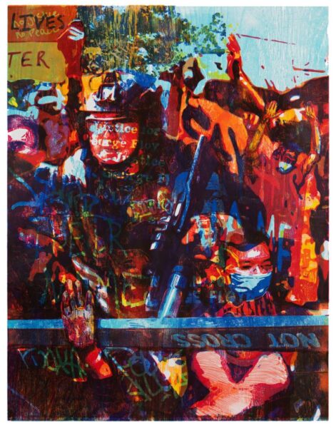 Zorawar Sidhu and Rob Swainston. June 1 7:30pm, from the series Doomscrolling, 2020–21. Woodcut. Sheet: 57 ½ x 42 ¼ inches. Courtesy the artists and Petzel Gallery, New York.