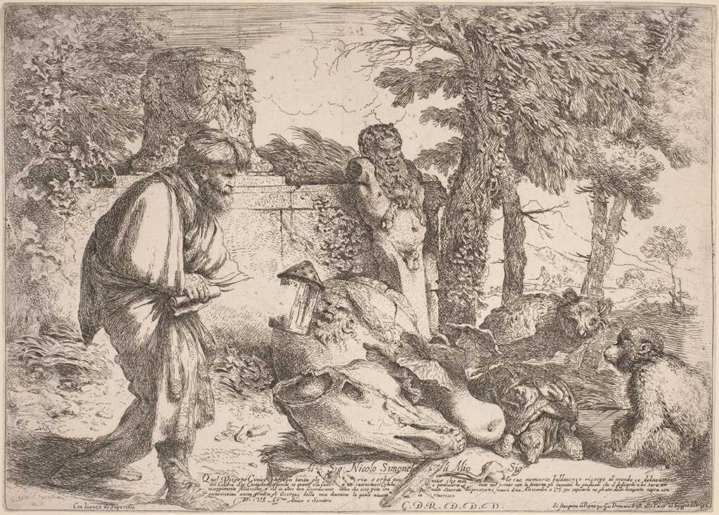 Giovanni Benedetto Castiglione, Diogenes Searching for an Honest Man, etching on laid paper, 1640/1647, National Gallery of Art, Gift of Neil Phillips, 1997.16.1